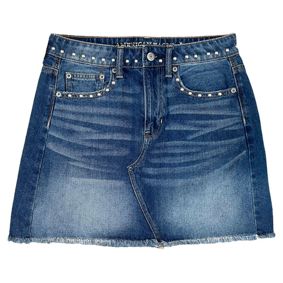 American Eagle Hi-Rise Festival Mini Jean Skirt Size 2 Long Studded Frayed Denim - Picture 1 of 6
